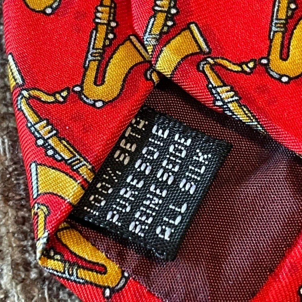 Dormeuil Silk‎ Tie Red Saxophone Pattern Hand Musician Italy Men's Neckwear
